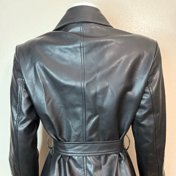 Black faux leather lapel collar belted open front trench coat - Picture 5 of 15